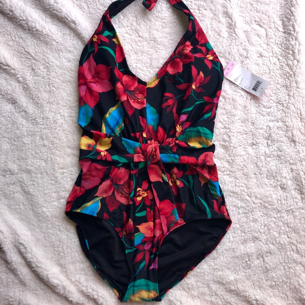 Tropical Floral Print One Piece Swimsuit 12 NWT